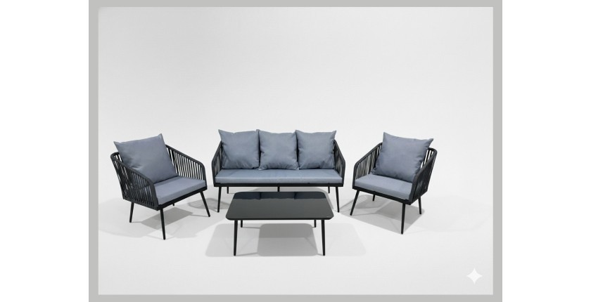 Salon de jardin 4 places STRAPA anthracite avec corde tressée et table basse 