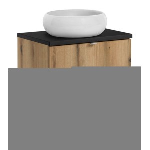 Ensemble VANO 60cm chêne et noir : meuble sous vasque à tiroir, plan pour vasque noir et vasque à poser ronde