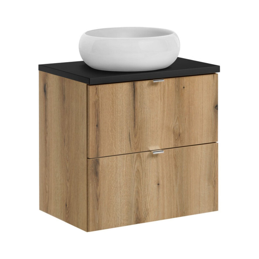 Ensemble VANO 60cm chêne et noir : meuble sous vasque à tiroir, plan pour vasque noir et vasque à poser ronde