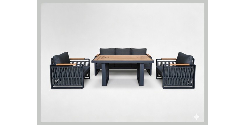 Salon de jardin 6 places TEKARA aluminium gris avec corde et table repas 