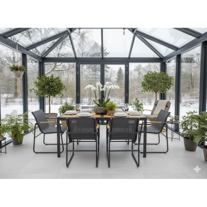 Salon de jardin DARVIA 6 places table 150 cm aluminium anthracite haut de gamme 