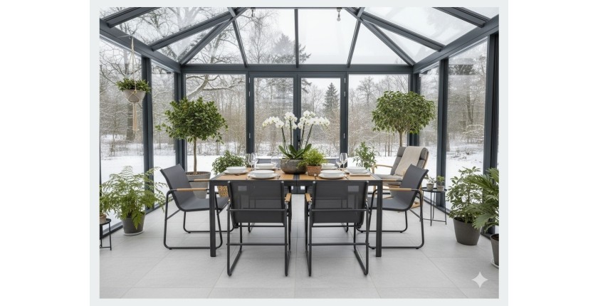 Salon de jardin DARVIA 6 places table 150 cm aluminium anthracite haut de gamme 