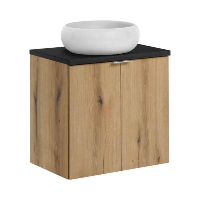 Ensemble VANO 60cm chêne et noir : meuble sous vasque à placards, plan pour vasque noir et vasque à poser ronde