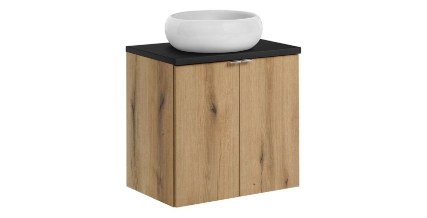 Ensemble VANO 60cm chêne et noir : meuble sous vasque à placards, plan pour vasque noir et vasque à poser ronde