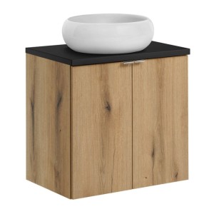 Ensemble VANO 60cm chêne et noir : meuble sous vasque à placards, plan pour vasque noir et vasque à poser ronde