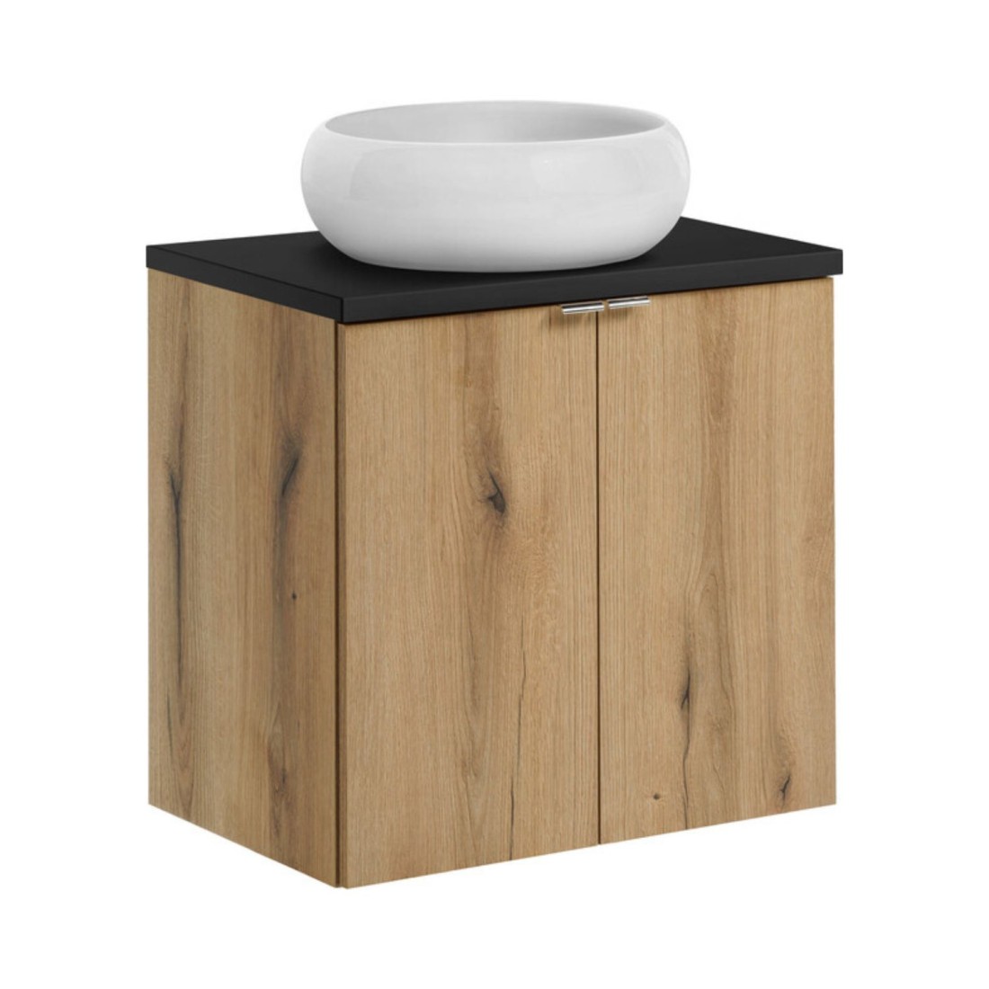 Ensemble VANO 60cm chêne et noir : meuble sous vasque à placards, plan pour vasque noir et vasque à poser ronde