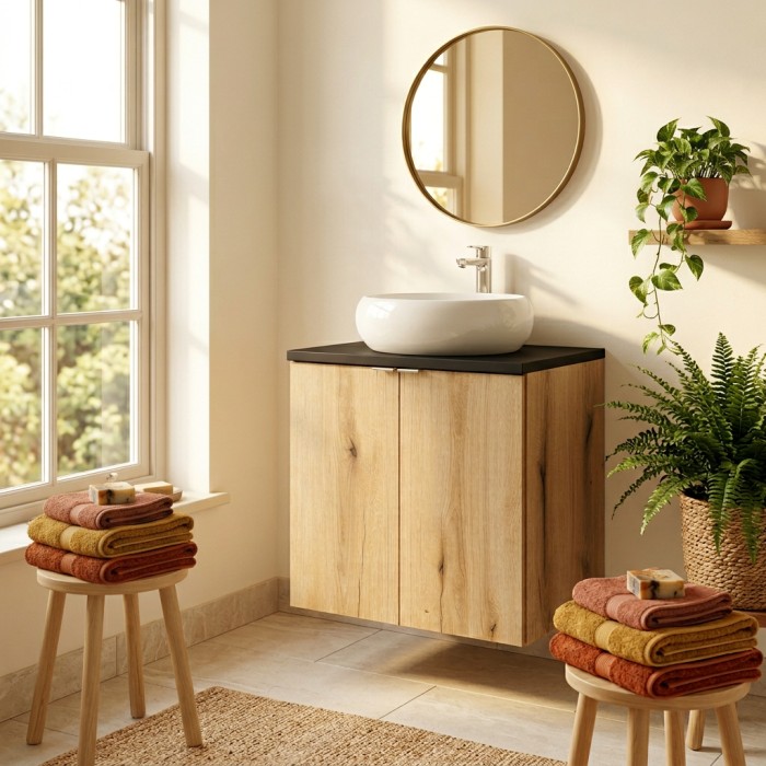 Ensemble VANO 60cm chêne et noir : meuble sous vasque à placards, plan pour vasque noir et vasque à poser ronde mis en situation
