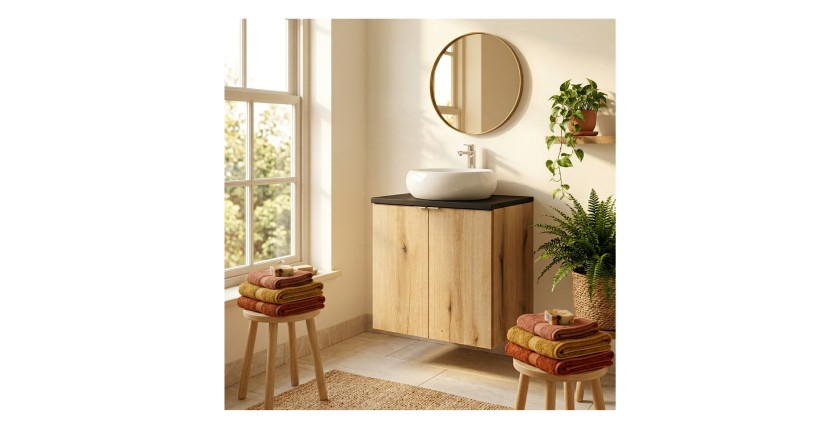 Ensemble VANO 60cm chêne et noir : meuble sous vasque à placards, plan pour vasque noir et vasque à poser ronde mis en situation