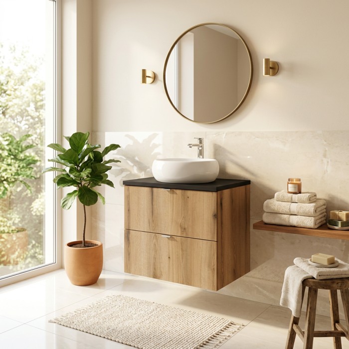 Conjunto de baño suspendido VANO acabado roble y negro 60cm: mueble bajo lavabo con cajones + encimera para lavabo