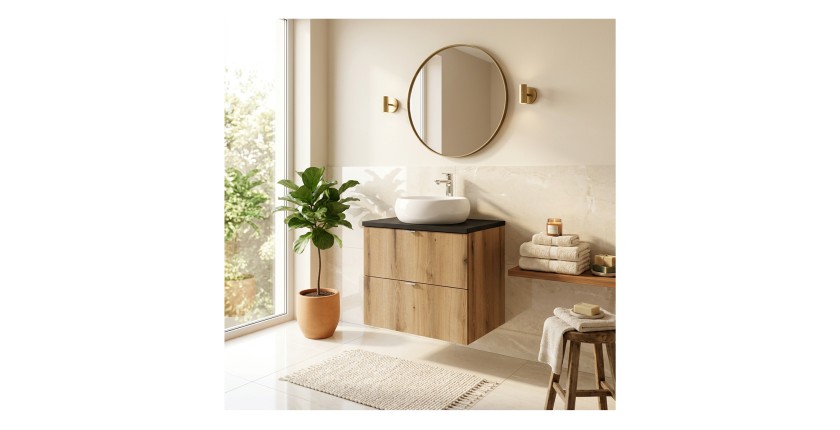 Ensemble VANO 60cm chêne et noir : meuble sous vasque à tiroirs et plan pour vasque noir mis en situation