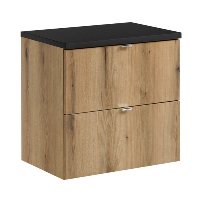 Conjunto de baño suspendido VANO acabado roble y negro 60cm: mueble bajo lavabo con cajones + encimera para lavabo