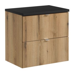 Ensemble VANO 60cm chêne et noir : meuble sous vasque à tiroirs et plan pour vasque noir