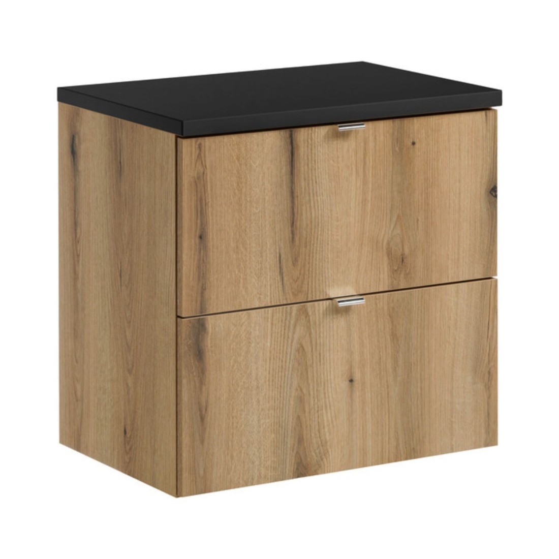 Ensemble VANO 60cm chêne et noir : meuble sous vasque à tiroirs et plan pour vasque noir