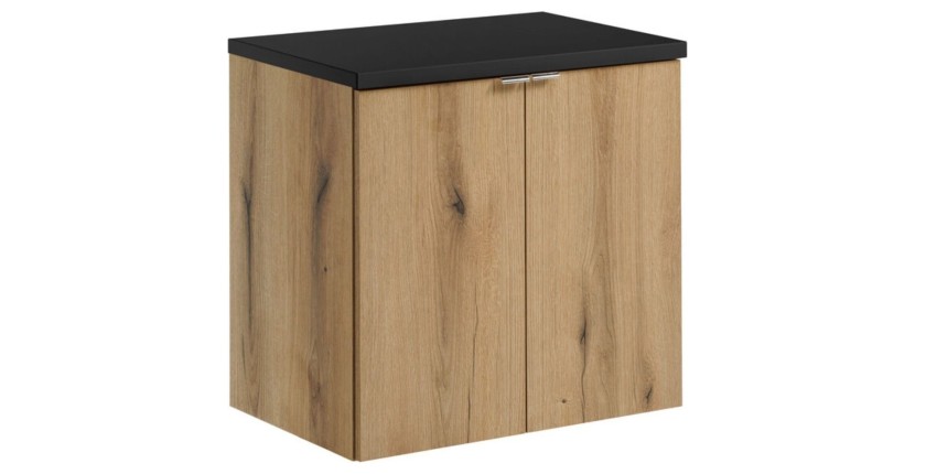 Ensemble VANO chêne et noir 60cm : meuble sous vasque à placards et plan pour vasque noir