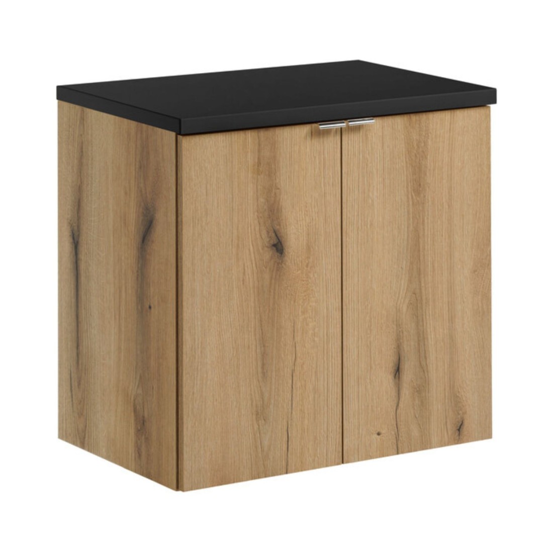 Ensemble VANO chêne et noir 60cm : meuble sous vasque à placards et plan pour vasque noir