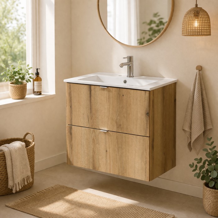 Conjunto de baño suspendido VANO acabado en roble 60cm: mueble bajo lavabo con cajones + lavabo empotrado