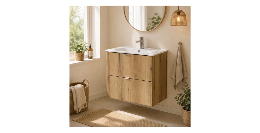 Ensemble VANO chêne et blanc 60cm : meuble sous vasque à tiroirs et vasque encastrée mis en situation