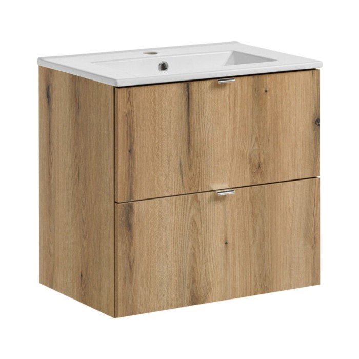 Conjunto de baño suspendido VANO acabado en roble 60cm: mueble bajo lavabo con cajones + lavabo empotrado