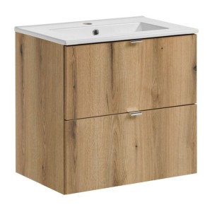 Ensemble VANO chêne et blanc 60cm : meuble sous vasque à tiroirs et vasque encastrée