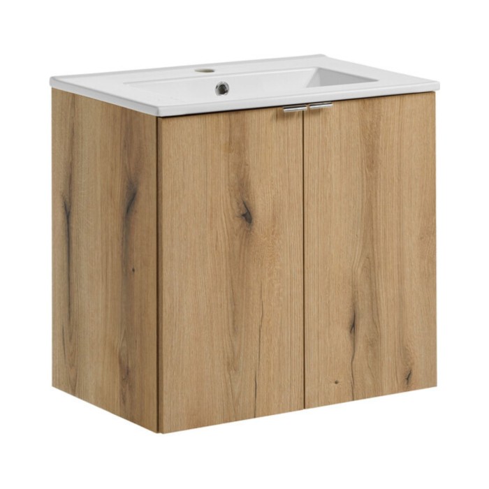 Conjunto de baño suspendido VANO acabado roble 60cm: mueble bajo lavabo con armarios + lavabo encastrado