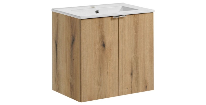 Ensemble VANO chêne et blanc 60cm : meuble sous vasque à placards et vasque encastrée