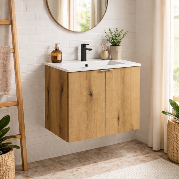 Conjunto de baño suspendido VANO acabado roble 60cm: mueble bajo lavabo con armarios + lavabo encastrado
