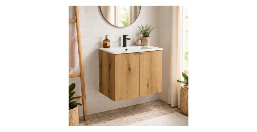 Ensemble VANO chêne et blanc 60cm : meuble sous vasque à placards et vasque encastrée mis en situation