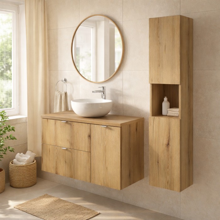 Conjunto para baño VANO acabado en roble 120cm: mueble bajo lavabo con cajones y armarios + encimera para lavabo + columna