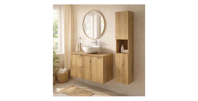 Ensemble VANO chêne 120cm : meubles sous vasque à tiroirs et placards, plan pour vasque et colonne mis en situation