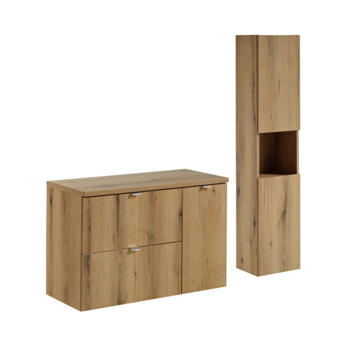 Conjunto para baño VANO acabado en roble 120cm: mueble bajo lavabo con cajones y armarios + encimera para lavabo + columna