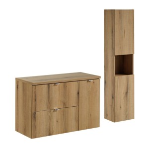 Ensemble VANO chêne 120cm : meubles sous vasque à tiroirs et placards, plan pour vasque et colonne