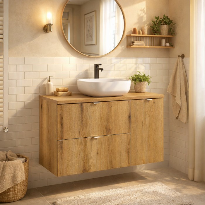 Conjunto de baño suspendido VANO acabado en roble 90cm: mueble bajo lavabo con cajones y armarios + encimera para lavabo