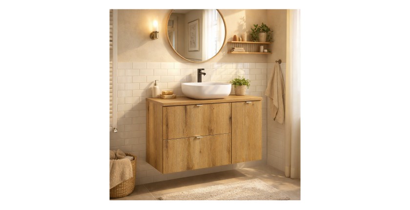 Ensemble VANO 90cm chêne : meubles sous vasque à tiroirs et placards, plan pour vasque mis en situation
