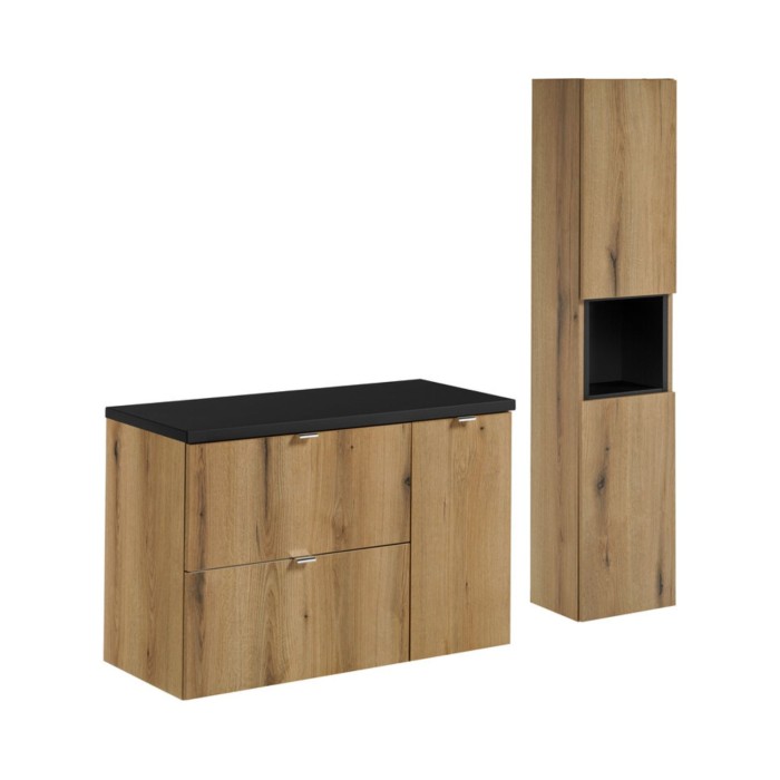 Conjunto para baño VANO acabado en roble y negro de 120cm: mueble bajo lavabo con cajones y armarios + encimera para lavabo + co