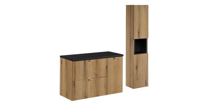 Ensemble VANO chêne et noir 120cm : meubles sous vasque à tiroirs et placards, plan pour vasque noir et colonne