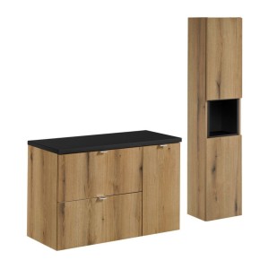 Ensemble VANO chêne et noir 120cm : meubles sous vasque à tiroirs et placards, plan pour vasque noir et colonne