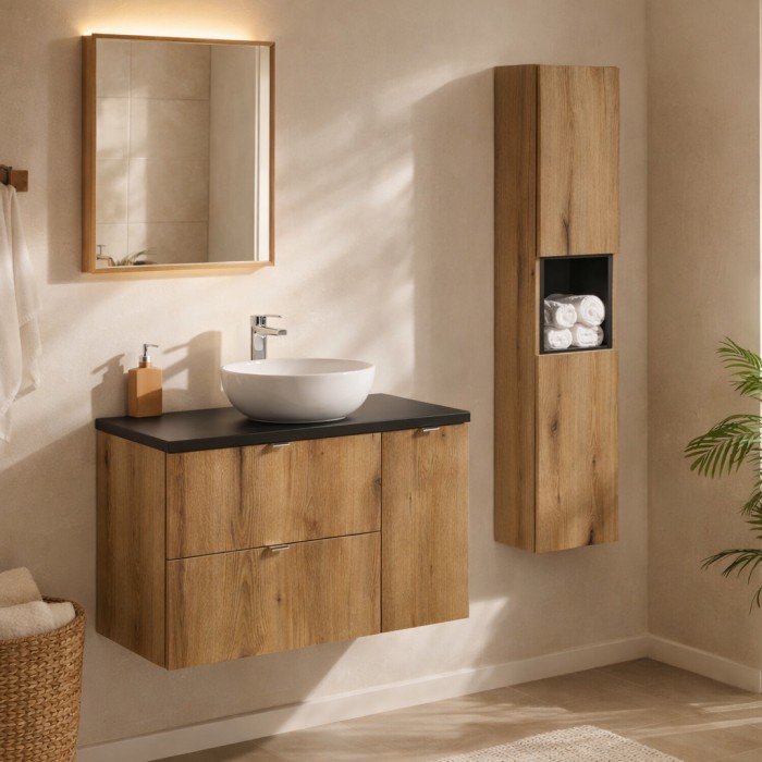 Conjunto para baño VANO acabado en roble y negro de 120cm: mueble bajo lavabo con cajones y armarios + encimera para lavabo + co