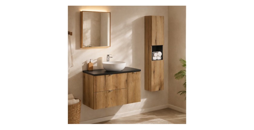 Ensemble VANO chêne et noir 120cm : meubles sous vasque à tiroirs et placards, plan pour vasque noir et colonne mis en situation