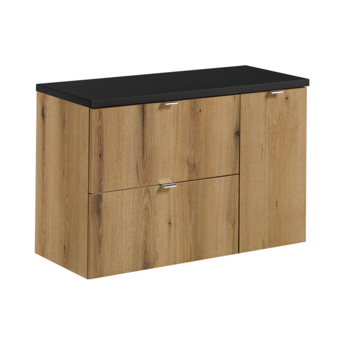 Set da bagno sospeso VANO in rovere e nero 90cm: mobile sotto lavabo con cassetti e armadietti + piano per lavabo