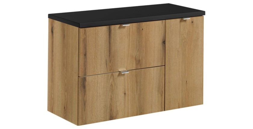 Ensemble VANO 90cm chêne et noir : meubles sous vasque à tiroirs et placards, plan pour vasque noir