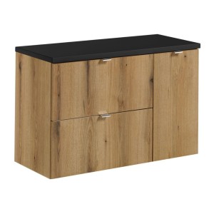 Ensemble VANO 90cm chêne et noir : meubles sous vasque à tiroirs et placards, plan pour vasque noir