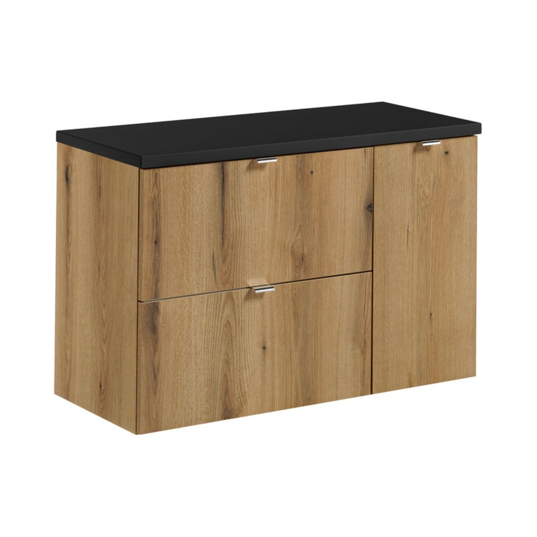 Ensemble VANO 90cm chêne et noir : meubles sous vasque à tiroirs et placards, plan pour vasque noir