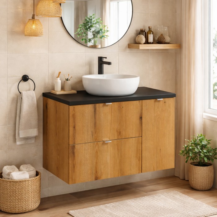 Set da bagno sospeso VANO in rovere e nero 90cm: mobile sotto lavabo con cassetti e armadietti + piano per lavabo