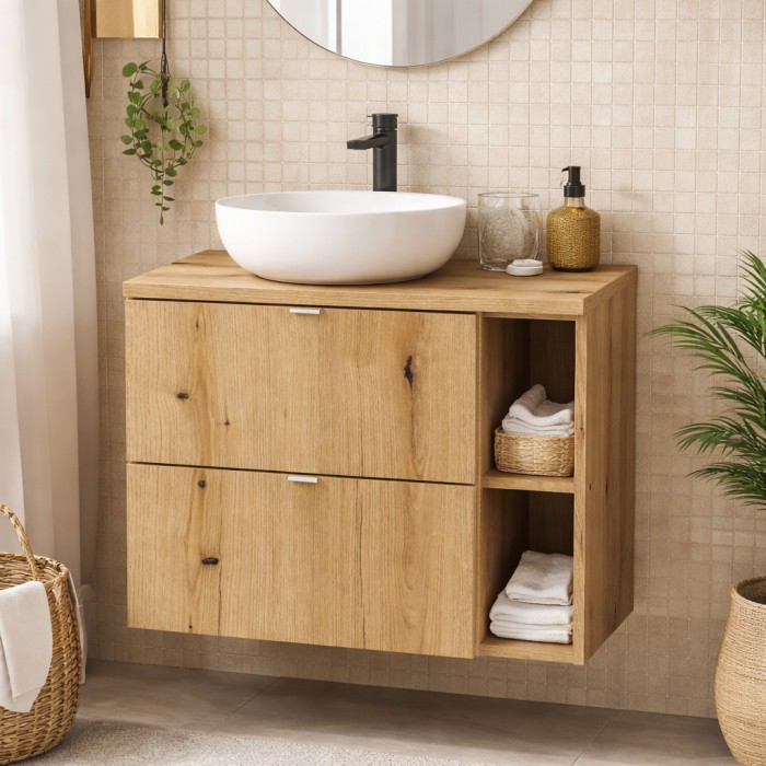 Wandhängendes Badezimmer-Set VANO in Eichenoptik 80cm: Unterschrank mit Schubladen + offene Fächer + Platte für Waschbecken