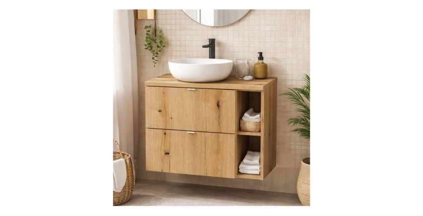 Ensemble VANO chêne 80cm : meubles sous vasque à tiroirs avec niches visibles et plan pour vasque mis en situation
