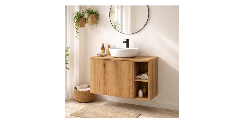 Ensemble VANO chêne 80cm : meubles sous vasque à placards avec niches visibles et plan pour vasque mis en situation