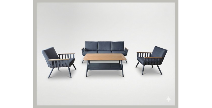 Salon de jardin ELORIA aluminium gris 5 places avec coussins épais et table basse 