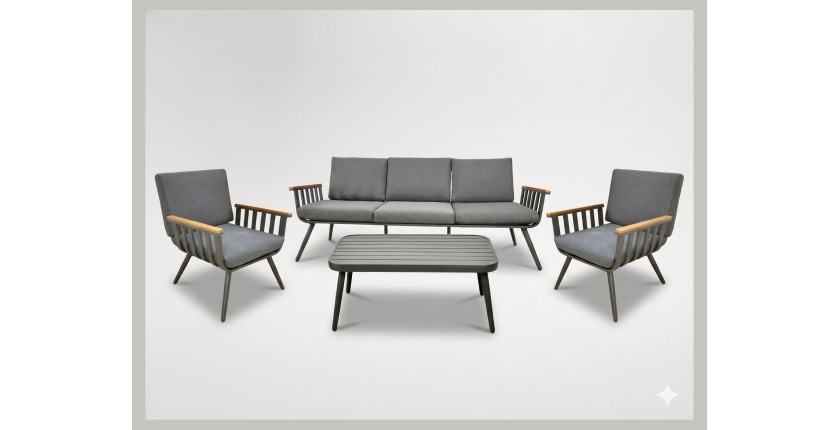 Salon de jardin ELORIA aluminium gris 5 places avec coussins épais et table basse 
