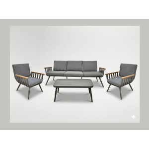 Salon de jardin ELORIA aluminium gris 5 places avec coussins épais et table basse 