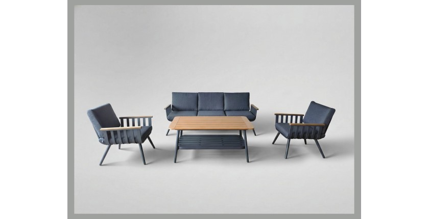 Salon de jardin ELORIA aluminium gris 5 places avec coussins épais et table basse 